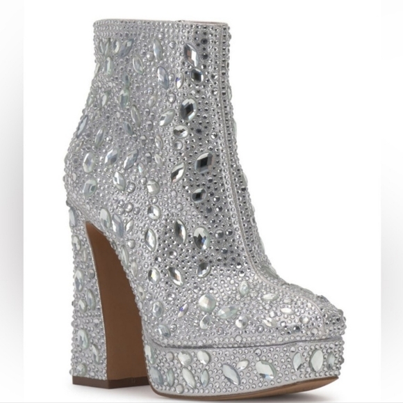 Jessica Simpson Women's Boot Silver Crystal Embellished Platform Chunky Heels - Picture 1 of 12